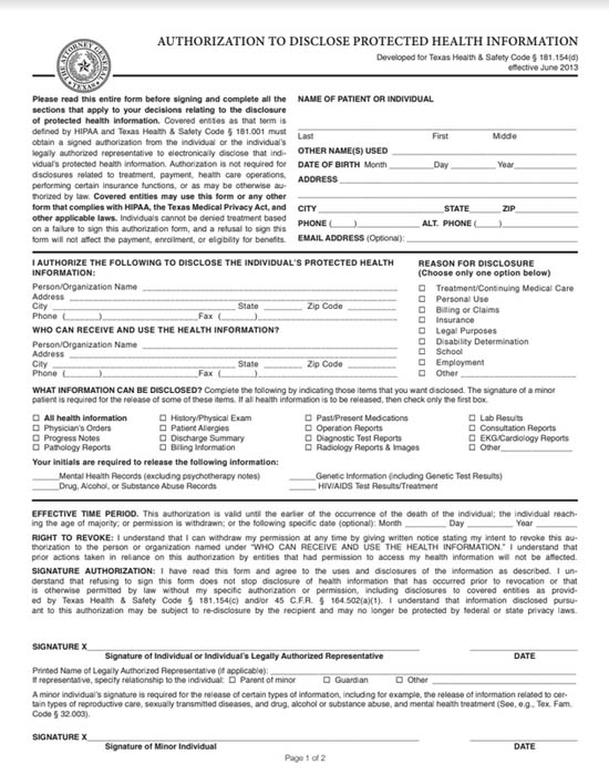 Authorization to Disclose Protected Health Information form